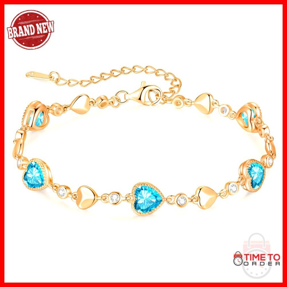 Sterling Silver Birthstone Charm Bracelet with Heart Links, 6.69 Inches